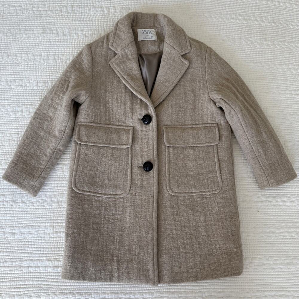 Zara Kids Wool Blend Pea Coat Rustic Beige Oatmeal Crosshatch Button Up Size 8